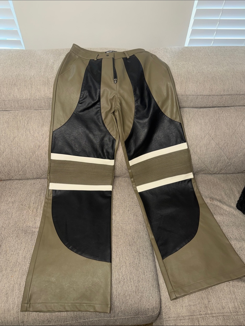Wide-Leg Leather Panel Pants in Olive and Black with Cream Stripes